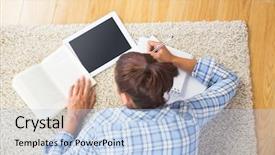  Presentation with worried female college student for health check up - PPT theme enhanced with writing checks - brunette female student lying background and a light blue colored foreground