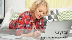  Presentation with taxes - Audience pleasing slides consisting of writing checks - senior woman calculating taxes backdrop and a light gray colored foreground