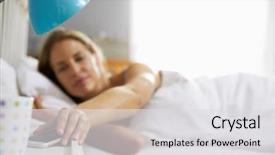  Presentation with bed - PPT theme having writing checks - woman lying in bed reaching background and a light gray colored foreground