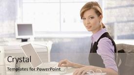  Presentation with research paper big data - Audience pleasing theme consisting of writing checks - young businesswoman working at desk backdrop and a  colored foreground