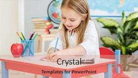  Presentation with women and protection desk - Slide set with writing classwork in the copybook background and a coral colored foreground