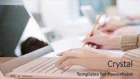  Presentation with people - Amazing presentation theme having writing computer - close up image of young backdrop and a  colored foreground