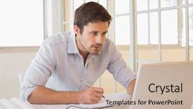  Presentation with working - Slides consisting of writing computer - concentrated young businessman working background and a mint green colored foreground