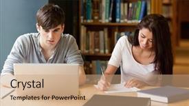  Presentation with students working in groups - Beautiful slides featuring writing computer - students working together backdrop and a coral colored foreground