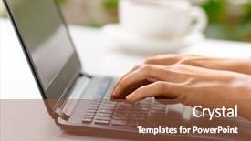  Presentation with laptop - Slide set with writing computer - woman hands typing on laptop background and a tawny brown colored foreground