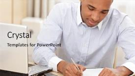  Presentation with african american in business - Beautiful slides featuring writing computer - young african american business man backdrop and a sky blue colored foreground