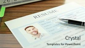  Presentation with resume - PPT theme featuring writing curriculum - closeup of resume file background and a sky blue colored foreground