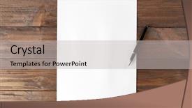  Presentation with old paper pen rolls - Presentation theme having writing curriculum - paper and pen on wooden background and a light gray colored foreground