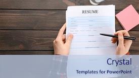  Presentation with job interview - PPT theme consisting of writing curriculum - woman filling in resume form background and a light blue colored foreground