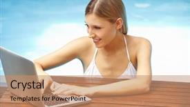  Presentation with email - Amazing slide deck having writing email - attractive smiling woman using laptop backdrop and a  colored foreground