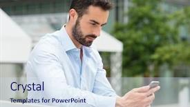  Presentation with greeiting show man - Slide deck with writing email - closeup shot of young man background and a sky blue colored foreground