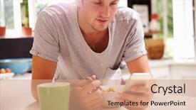  Presentation with breakfast - Presentation design with writing email - man eating breakfast whilst checking background and a coral colored foreground