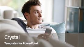  Presentation with man holding phone - Presentation featuring writing email - man relaxing on sofa holding background and a gray colored foreground