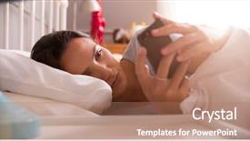  Presentation with email - Slide set having writing email - woman lying in bed checking background and a coral colored foreground