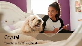  Presentation with teen girl - PPT theme consisting of writing free - young teen girl doing homework background and a coral colored foreground