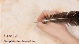  Presentation with feather - Beautiful PPT theme featuring writing hand with feather backdrop and a lemonade colored foreground