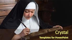  Presentation with nun - Presentation design having writing in an ancient book background and a tawny brown colored foreground
