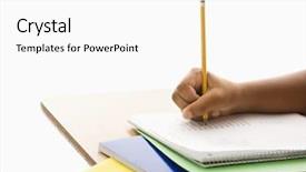  Presentation with school desk - Amazing PPT theme having writing in notebook with pencil backdrop and a white colored foreground
