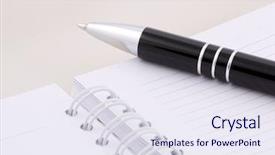  Presentation with pen - Colorful PPT theme enhanced with writing instruments - notebook and pen close-up backdrop and a sky blue colored foreground