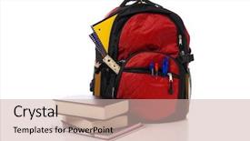  Presentation with carrying school bag - Slides having writing instruments - red overflowing school backpack background and a  colored foreground
