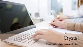  Presentation with people - Cool new PPT theme with writing notes - close up image of young backdrop and a coral colored foreground