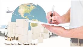  Presentation with logistics - Presentation theme having delivery man writing on clipboard background and a  colored foreground
