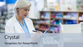  Presentation with industerial pharmacy - Slide set consisting of writing on clipboard in pharmacy background and a light blue colored foreground