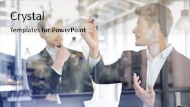  Presentation with two people talking - Cool new PPT theme with transparent man - two concetrated young businessmen talking backdrop and a soft green colored foreground