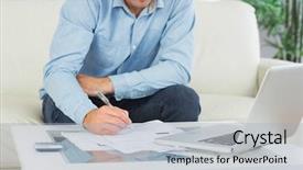  Presentation with social isolation - Slide set having writing on sheets paying bills background and a light blue colored foreground