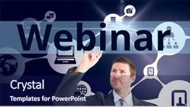  Presentation with connections - Slide deck having writing on the screen webinar background and a navy blue colored foreground