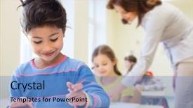  Presentation with student writing teacher - Presentation theme consisting of writing over classrom and teacher background and a teal colored foreground