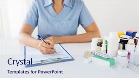  Presentation with prescription drugs - Colorful presentation design enhanced with writing prescription or medical report backdrop and a sky blue colored foreground