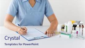  Presentation with prescription drugs - Cool new PPT theme with writing prescription or medical report backdrop and a sky blue colored foreground