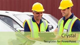  Presentation with shipping company - Presentation theme featuring writing reports - cheerful shipping company workers checking background and a yellow colored foreground