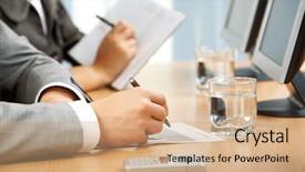  Presentation with writing pen - Audience pleasing PPT theme consisting of writing reports - human hand with pen backdrop and a  colored foreground