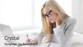  Presentation with writing pen - Presentation theme featuring writing reports - indoor picture of smiling woman background and a light gray colored foreground