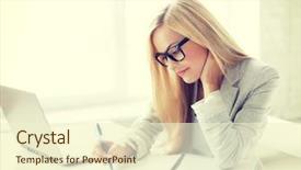  Presentation with writing pen - Cool new presentation design with writing reports - indoor picture of smiling woman backdrop and a cream colored foreground