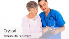  Presentation with medical evaluation - Beautiful slide deck featuring writing reports - senior woman signing medical form backdrop and a white colored foreground