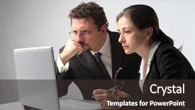  Presentation with laptop - Colorful PPT theme enhanced with writing table - couple of business people using backdrop and a  colored foreground