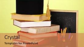  Presentation with school board - Colorful PPT layouts enhanced with writing test - books and magister cap backdrop and a coral colored foreground