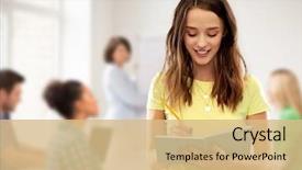  Presentation with student writing teacher - Colorful PPT layouts enhanced with writing to diary or notebook backdrop and a coral colored foreground