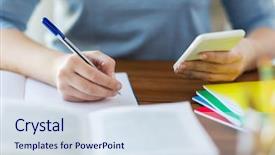  Presentation with high school - Amazing PPT theme having writing to notebook at home backdrop and a sky blue colored foreground