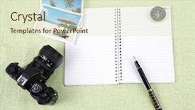  Presentation with clutter - Beautiful presentation theme featuring writing tools - pile of clutter items backdrop and a soft green colored foreground