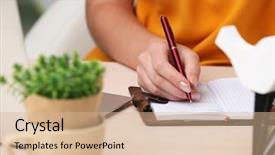  Presentation with workplace - Colorful slide deck enhanced with writing tools - woman write on notebook backdrop and a lemonade colored foreground