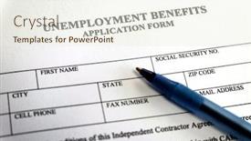  Presentation with unemployment - Beautiful PPT theme featuring written-unemployment-benefits-application-form backdrop and a sky blue colored foreground