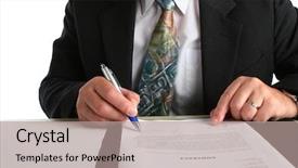  Presentation with contract - PPT theme consisting of writting - business man siging a contract background and a coral colored foreground