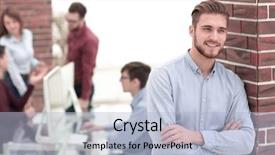  Presentation with confident - Cool new slide set with writting - handsome smiling confident businessman portrait backdrop and a  colored foreground