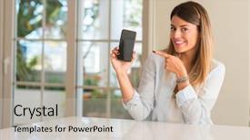  Presentation with holding hands old young - Slide deck featuring writting email - young woman pointing smartphone holding background and a light gray colored foreground