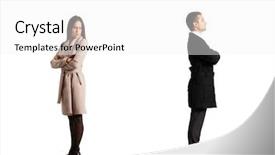  Presentation with couple - Slide deck having grudge - young couple in odds isolated background and a white colored foreground