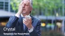  Presentation with cell - PPT theme consisting of wrong news - desperate businessman holding his cell background and a ocean colored foreground